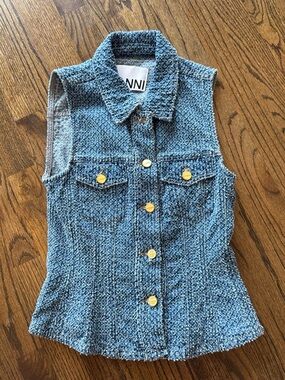 Ganni Blue Tweed Button-Front Sleeveless Top with Gold Buttons